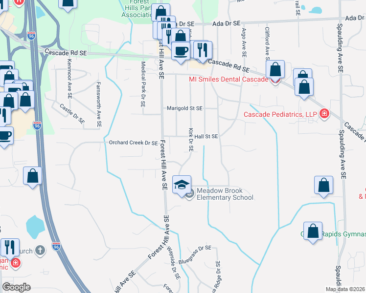 map of restaurants, bars, coffee shops, grocery stores, and more near 4675 W Kirk Court Southeast in Grand Rapids