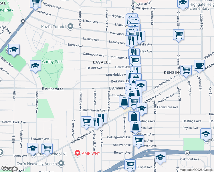 map of restaurants, bars, coffee shops, grocery stores, and more near 542 East Amherst Street in Buffalo