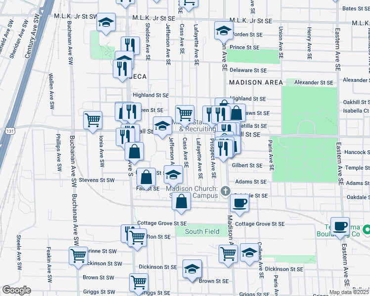 map of restaurants, bars, coffee shops, grocery stores, and more near 1231 Cass Avenue Southeast in Grand Rapids