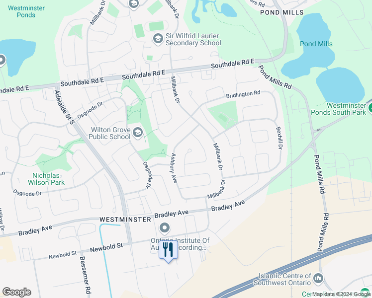 map of restaurants, bars, coffee shops, grocery stores, and more near 28 Surrey Court in London
