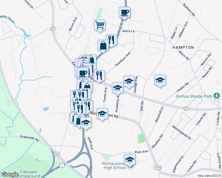 map of restaurants, bars, coffee shops, grocery stores, and more near 105 New Hampshire 27 in Hampton