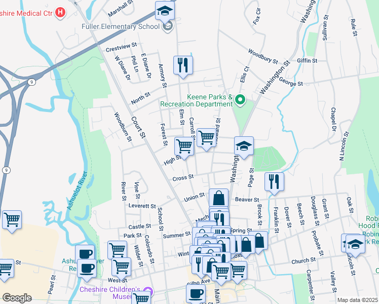 map of restaurants, bars, coffee shops, grocery stores, and more near 101 High Street in Keene