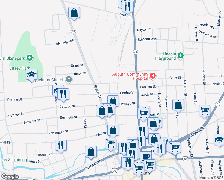map of restaurants, bars, coffee shops, grocery stores, and more near 6 Rock Avenue in Auburn