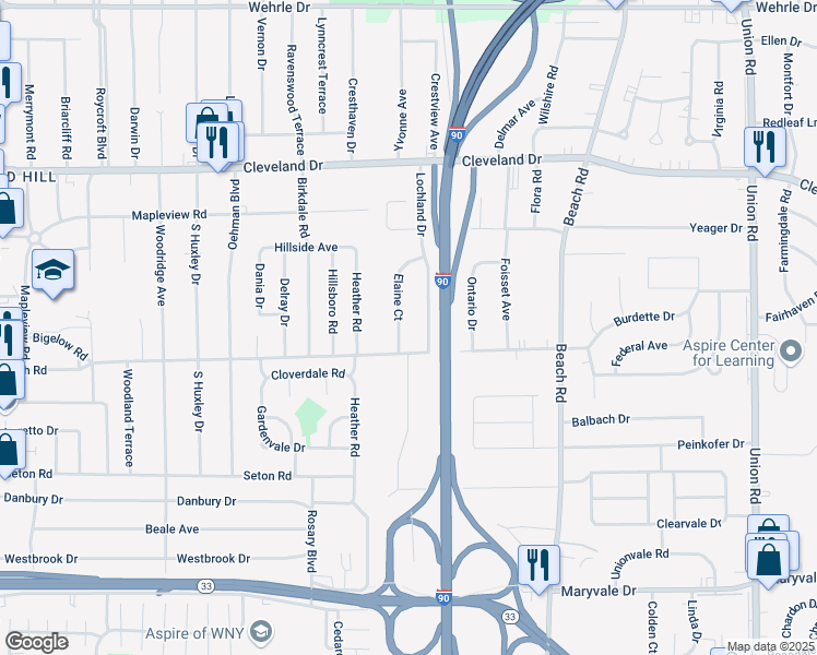 map of restaurants, bars, coffee shops, grocery stores, and more near 82 Elaine Court in Cheektowaga