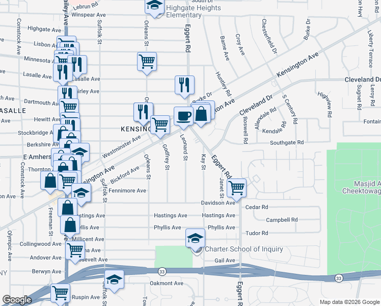 map of restaurants, bars, coffee shops, grocery stores, and more near 214 Kay Street in Buffalo
