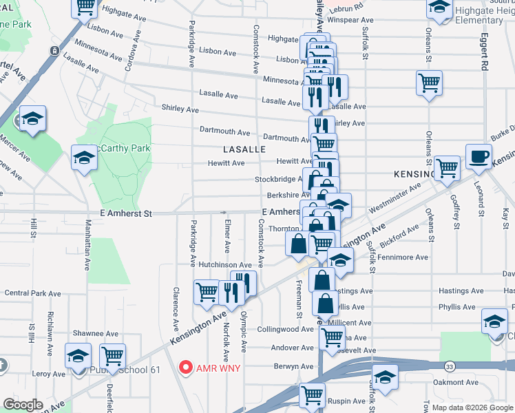 map of restaurants, bars, coffee shops, grocery stores, and more near 542 East Amherst Street in Buffalo