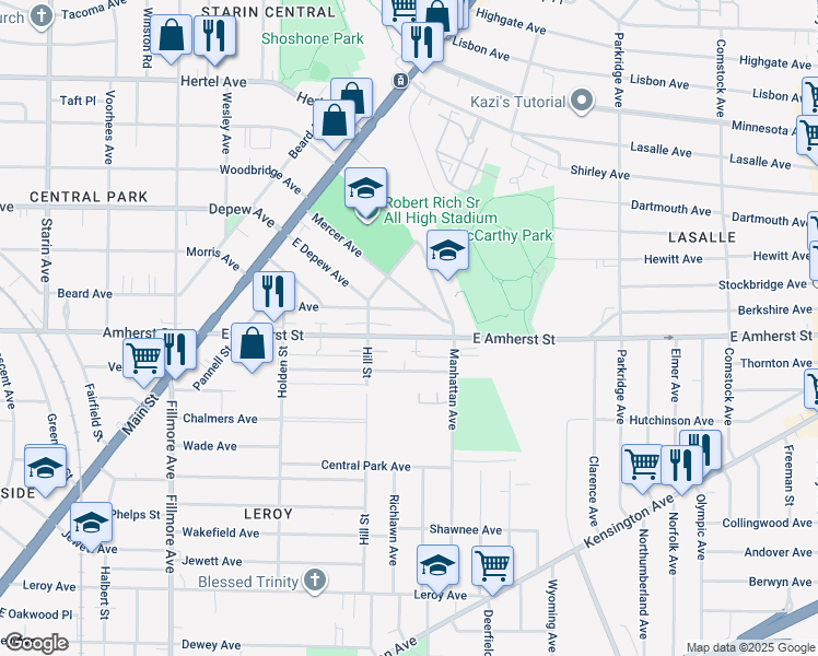 map of restaurants, bars, coffee shops, grocery stores, and more near 226 East Amherst Street in Buffalo