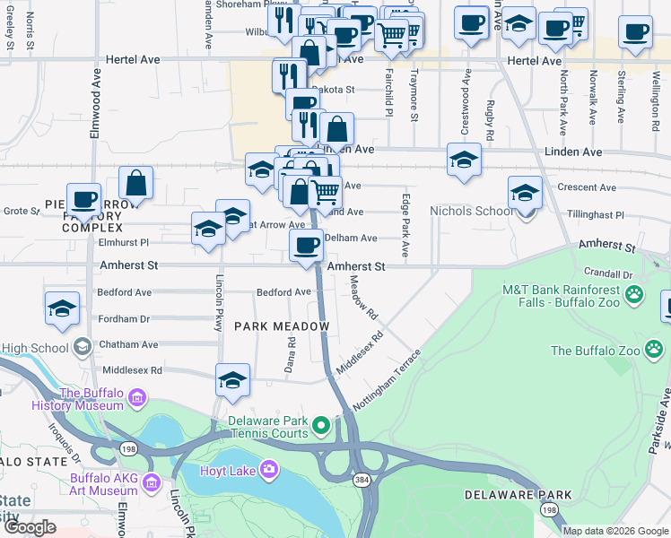 map of restaurants, bars, coffee shops, grocery stores, and more near 1011 Amherst Street in Buffalo