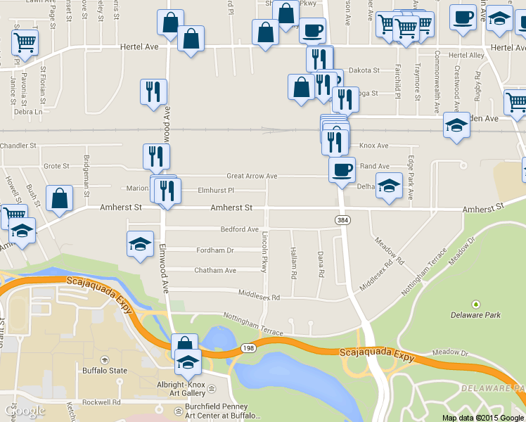 map of restaurants, bars, coffee shops, grocery stores, and more near 848 Amherst Street in Buffalo
