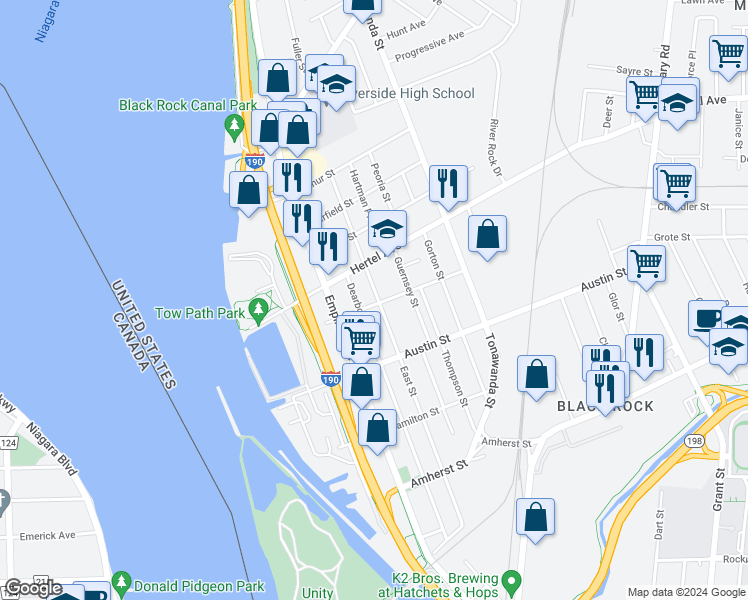 map of restaurants, bars, coffee shops, grocery stores, and more near 335 East Street in Buffalo