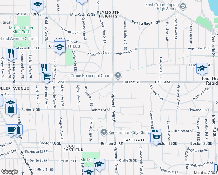 map of restaurants, bars, coffee shops, grocery stores, and more near 1725 Hiawatha Road Southeast in Grand Rapids