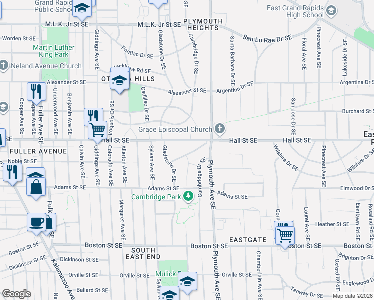 map of restaurants, bars, coffee shops, grocery stores, and more near 1664 Hall Street Southeast in Grand Rapids