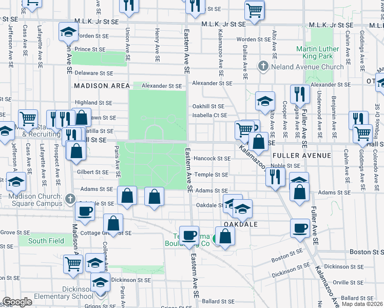 map of restaurants, bars, coffee shops, grocery stores, and more near 817 Hancock Street Southeast in Grand Rapids