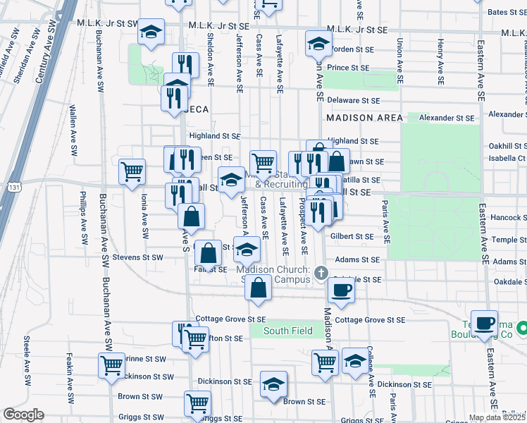 map of restaurants, bars, coffee shops, grocery stores, and more near 1230 Cass Avenue Southeast in Grand Rapids