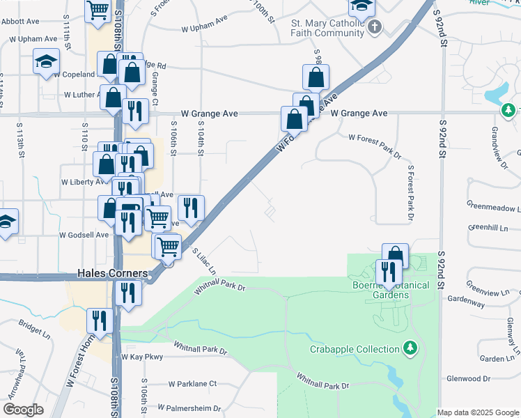 map of restaurants, bars, coffee shops, grocery stores, and more near 10135 West Forest Home Avenue in Hales Corners