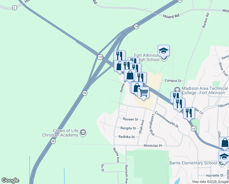 map of restaurants, bars, coffee shops, grocery stores, and more near 1604 Commonwealth Drive in Fort Atkinson