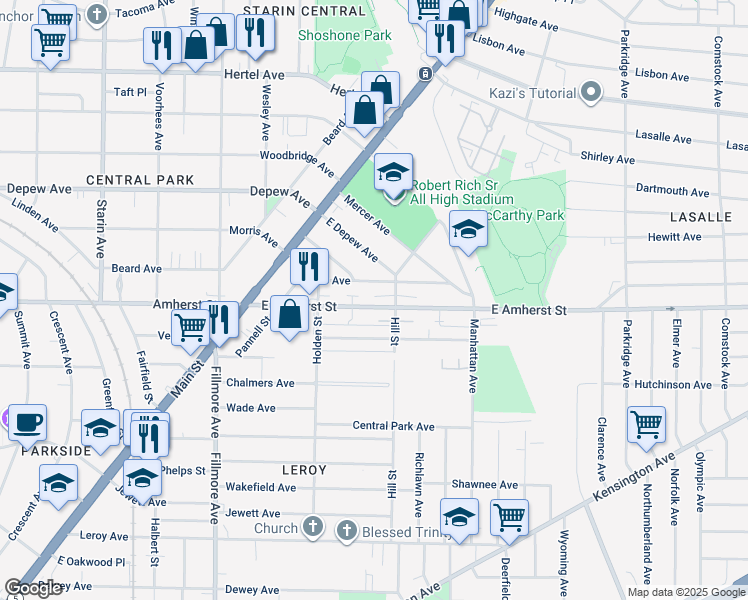 map of restaurants, bars, coffee shops, grocery stores, and more near 142 East Amherst Street in Buffalo