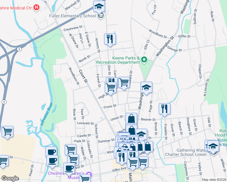 map of restaurants, bars, coffee shops, grocery stores, and more near 101 High Street in Keene