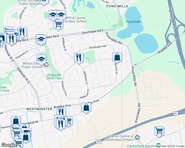 map of restaurants, bars, coffee shops, grocery stores, and more near 18 Rostherne Crescent in London