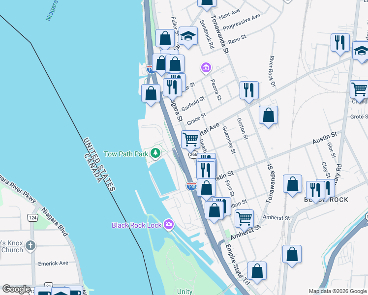 map of restaurants, bars, coffee shops, grocery stores, and more near in Buffalo