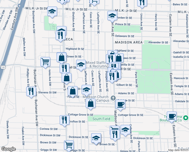 map of restaurants, bars, coffee shops, grocery stores, and more near 1230 Cass Avenue Southeast in Grand Rapids