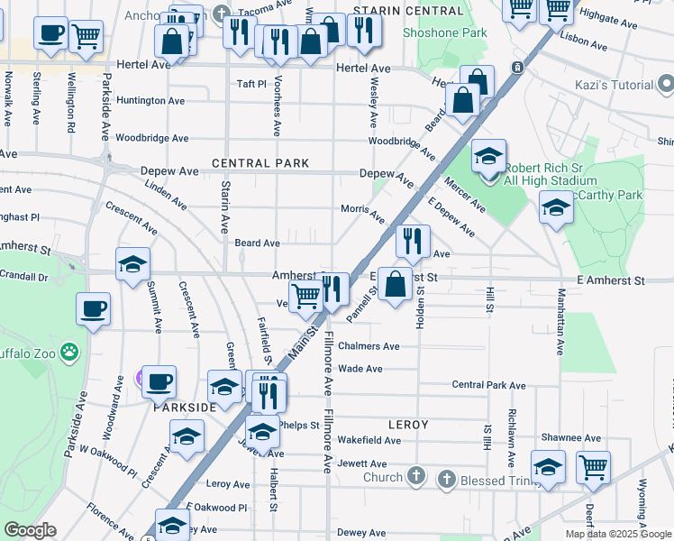 map of restaurants, bars, coffee shops, grocery stores, and more near 41 Parker Ave in Buffalo