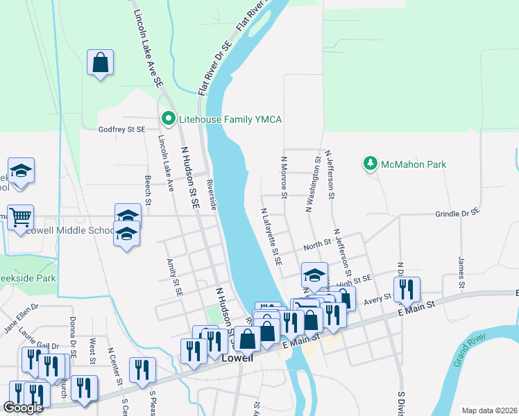 map of restaurants, bars, coffee shops, grocery stores, and more near 720 North Lafayette Street Southeast in Lowell