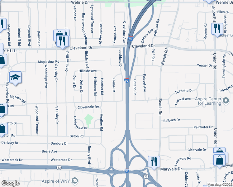 map of restaurants, bars, coffee shops, grocery stores, and more near 82 Elaine Court in Cheektowaga