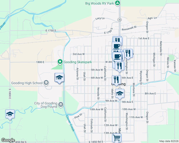 map of restaurants, bars, coffee shops, grocery stores, and more near 505 Colorado Street in Gooding