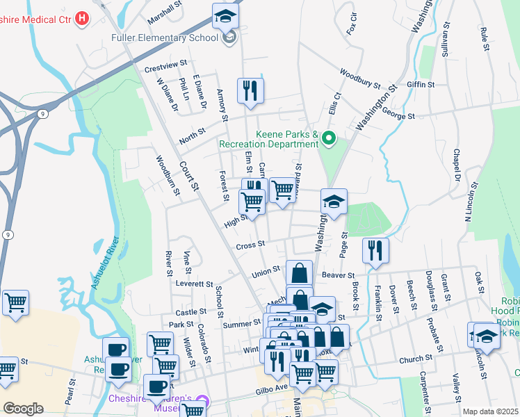 map of restaurants, bars, coffee shops, grocery stores, and more near 101 High Street in Keene