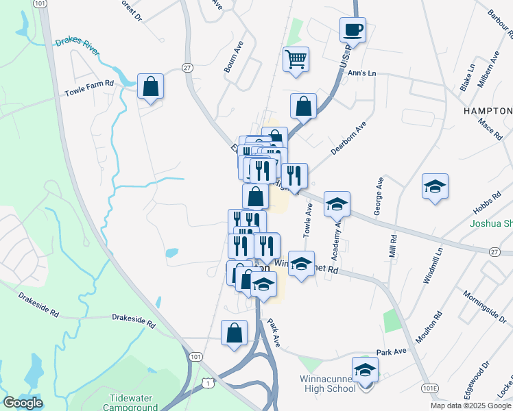 map of restaurants, bars, coffee shops, grocery stores, and more near 418 Lafayette Road in Hampton