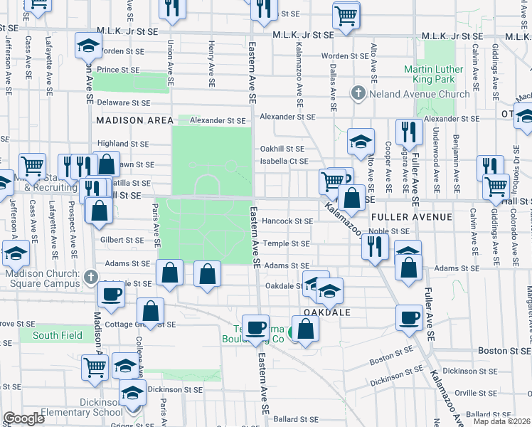 map of restaurants, bars, coffee shops, grocery stores, and more near 817 Hancock Street Southeast in Grand Rapids