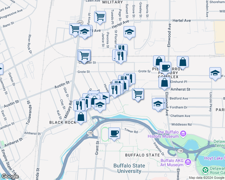 map of restaurants, bars, coffee shops, grocery stores, and more near 88 Bush Street in Buffalo