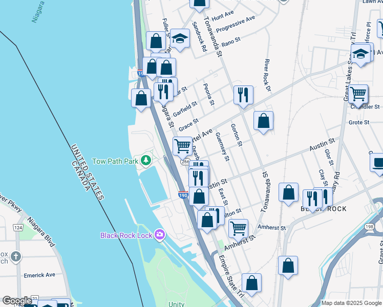 map of restaurants, bars, coffee shops, grocery stores, and more near 424 Dearborn St in Buffalo