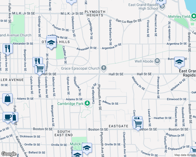 map of restaurants, bars, coffee shops, grocery stores, and more near 1212 Plymouth Avenue Southeast in Grand Rapids