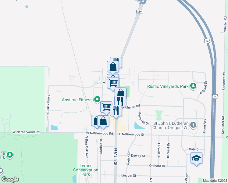 map of restaurants, bars, coffee shops, grocery stores, and more near 913 North Main Street in Oregon