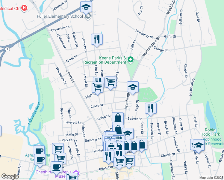 map of restaurants, bars, coffee shops, grocery stores, and more near 61 High Street in Keene