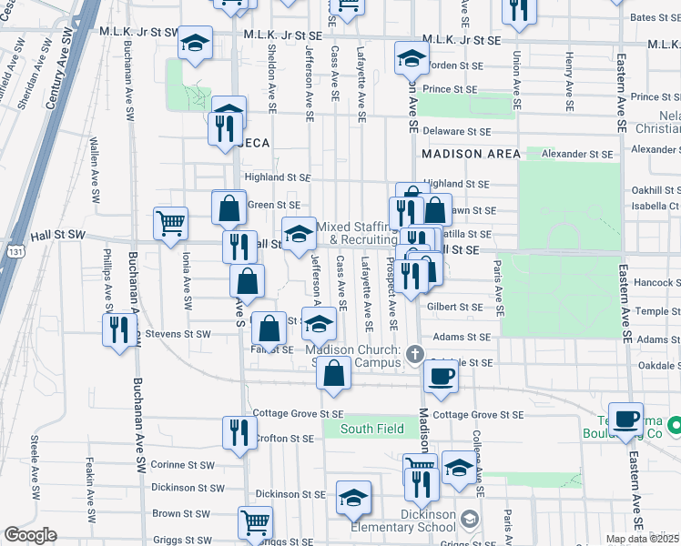 map of restaurants, bars, coffee shops, grocery stores, and more near 1227 Cass Avenue Southeast in Grand Rapids
