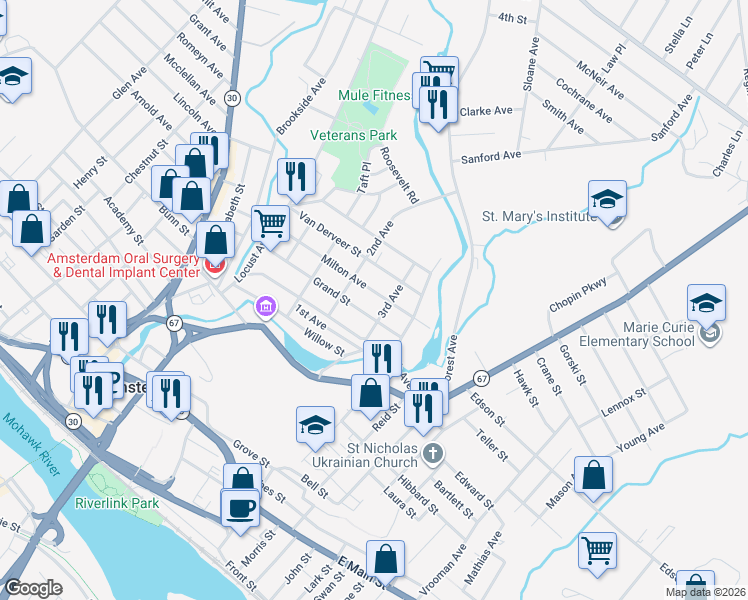 map of restaurants, bars, coffee shops, grocery stores, and more near 45 1/2 Milton Avenue in Amsterdam