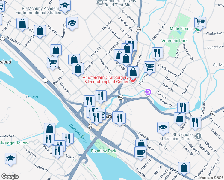 map of restaurants, bars, coffee shops, grocery stores, and more near 100 Market Street in Amsterdam