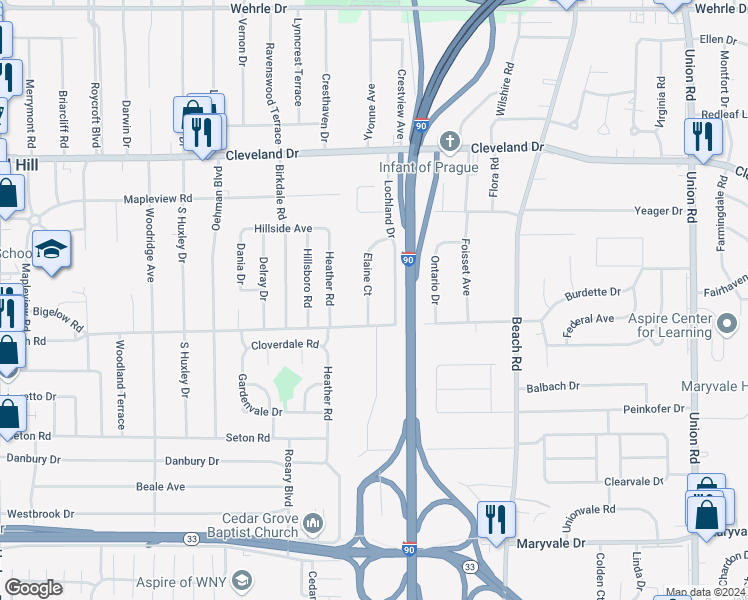 map of restaurants, bars, coffee shops, grocery stores, and more near 82 Elaine Court in Cheektowaga