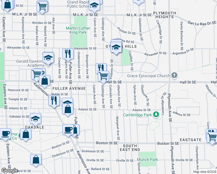 map of restaurants, bars, coffee shops, grocery stores, and more near 1217 Colorado Avenue Southeast in Grand Rapids