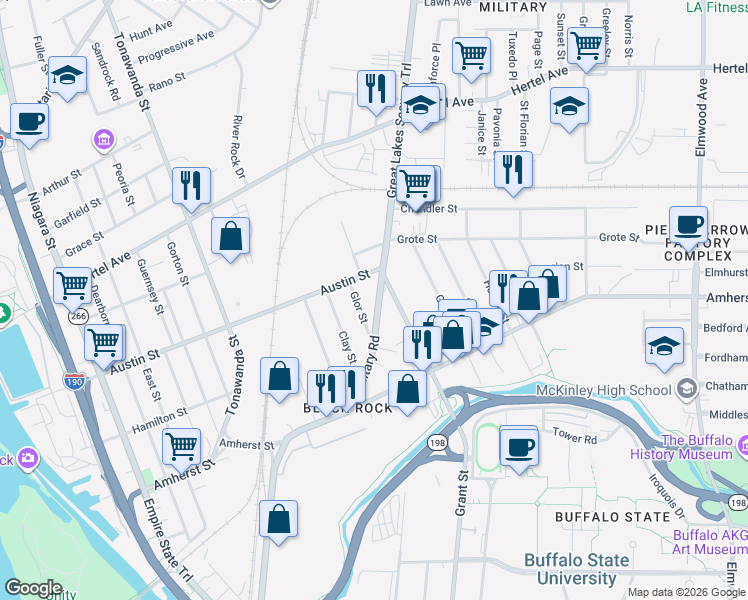 map of restaurants, bars, coffee shops, grocery stores, and more near 132 Military Road in Buffalo