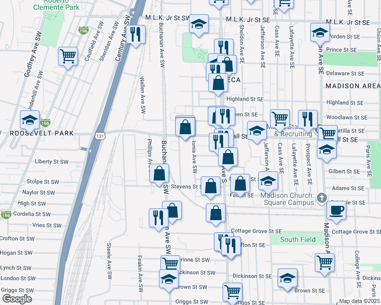 map of restaurants, bars, coffee shops, grocery stores, and more near 1233 Ionia Avenue Southwest in Grand Rapids