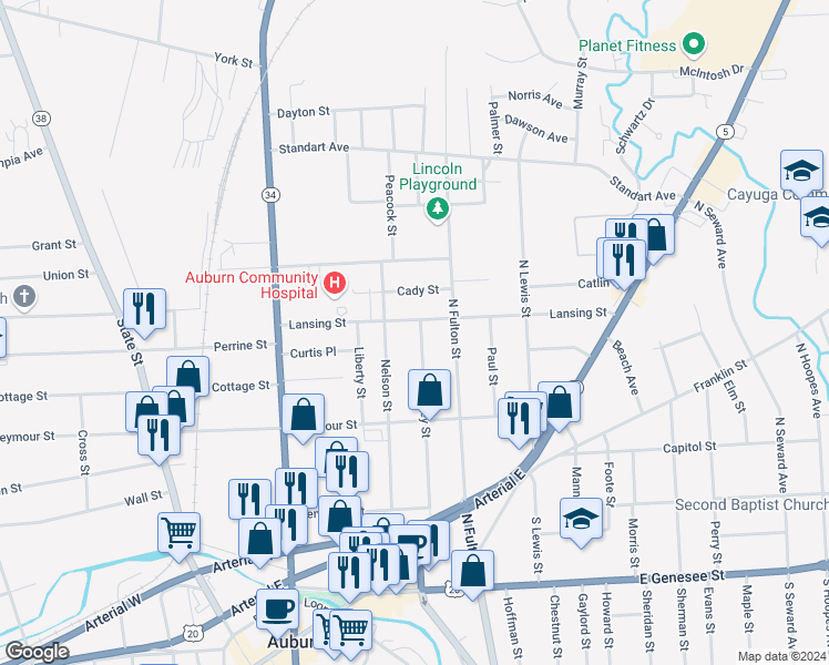 map of restaurants, bars, coffee shops, grocery stores, and more near 77 Holley Street in Auburn