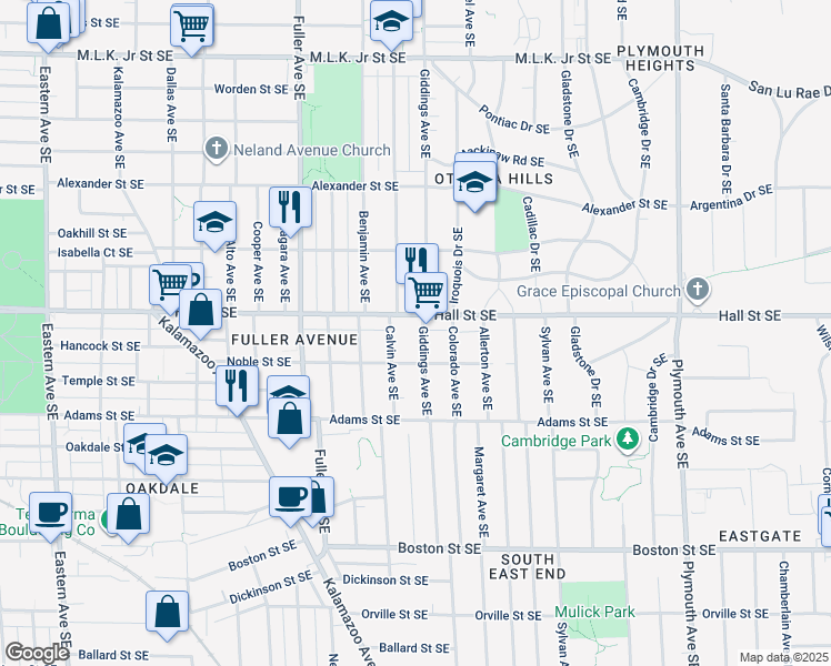 map of restaurants, bars, coffee shops, grocery stores, and more near 1215 Giddings Avenue Southeast in Grand Rapids