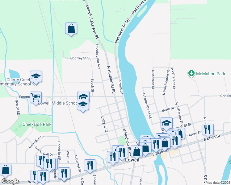 map of restaurants, bars, coffee shops, grocery stores, and more near 911 North Hudson Street Southeast in Lowell