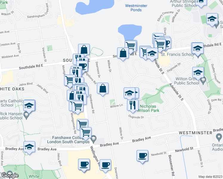 map of restaurants, bars, coffee shops, grocery stores, and more near 925 Willow Drive in London