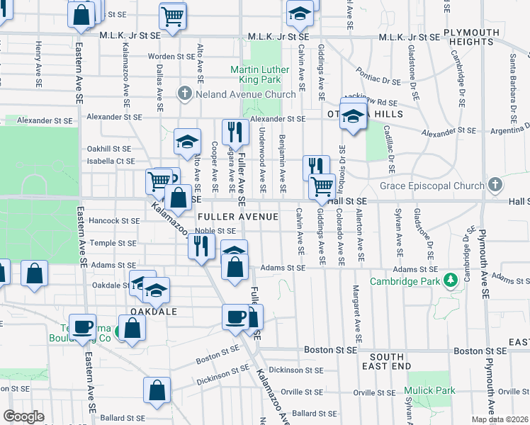 map of restaurants, bars, coffee shops, grocery stores, and more near 1214 Underwood Avenue Southeast in Grand Rapids