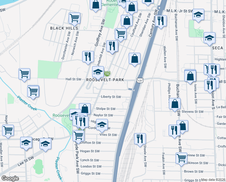 map of restaurants, bars, coffee shops, grocery stores, and more near 572 Shamrock Street Southwest in Grand Rapids